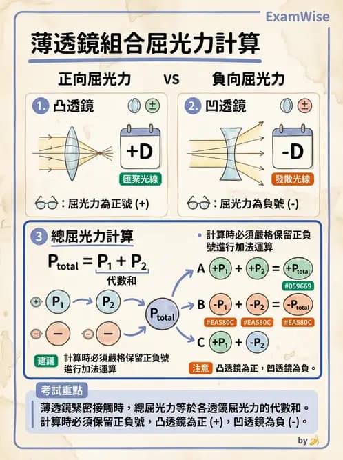 驗光生 - 球面折射介面與薄透鏡屈光力計算 - AI 圖文解析預覽
