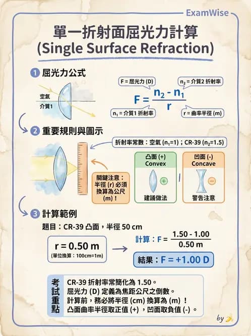 驗光生 - 球面折射介面與薄透鏡屈光力計算 - AI 圖文解析預覽