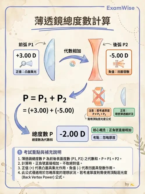 驗光生 - 球面折射介面與薄透鏡屈光力計算 - AI 圖文解析預覽