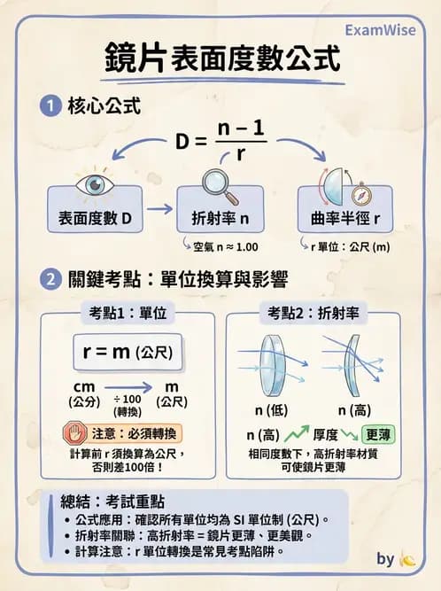 驗光生 - 球面折射介面與薄透鏡屈光力計算 - AI 圖文解析預覽