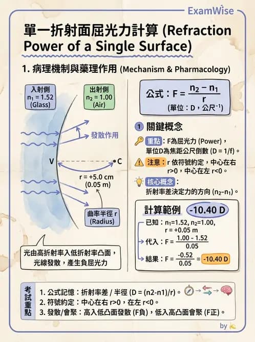驗光生 - 球面折射介面與薄透鏡屈光力計算 - AI 圖文解析預覽