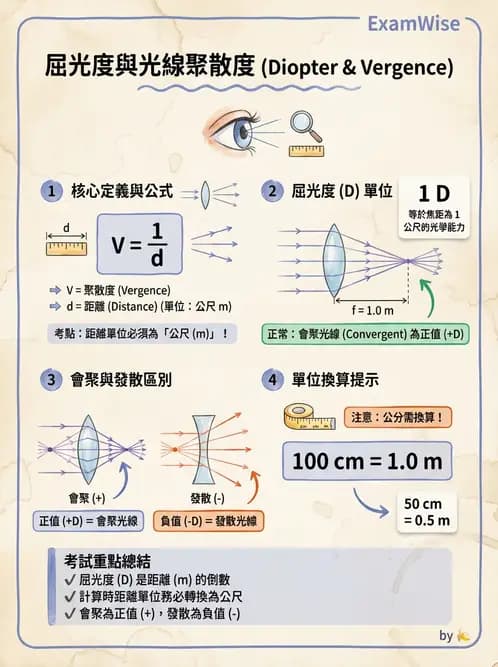 驗光生 - 球面折射介面與薄透鏡屈光力計算 - AI 圖文解析預覽