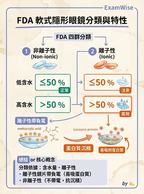 驗光生 - 軟式鏡片FDA分類、離子性與沉積物特性 - AI 圖文解析預覽