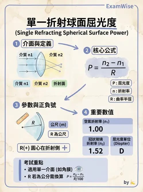 驗光生 - 球面折射介面與薄透鏡屈光力計算 - AI 圖文解析預覽